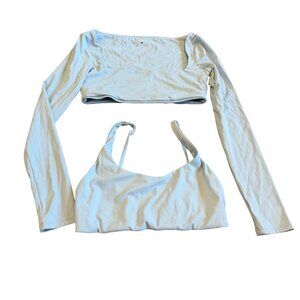 MW Made With Luv Blue Two Piece Workout Shirt Set Bra Long Sleeve Size Medium